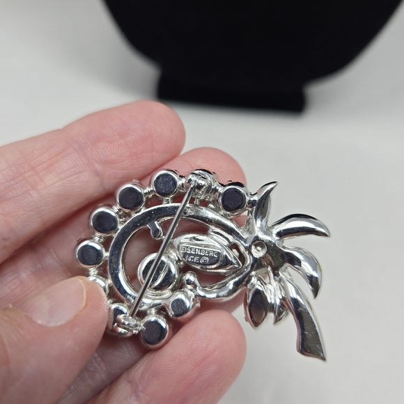 Eisenberg Ice Womens Clear Rhinestone Brooch Pin Silver Tone, Flower Curved Stem - Picture 4 of 11